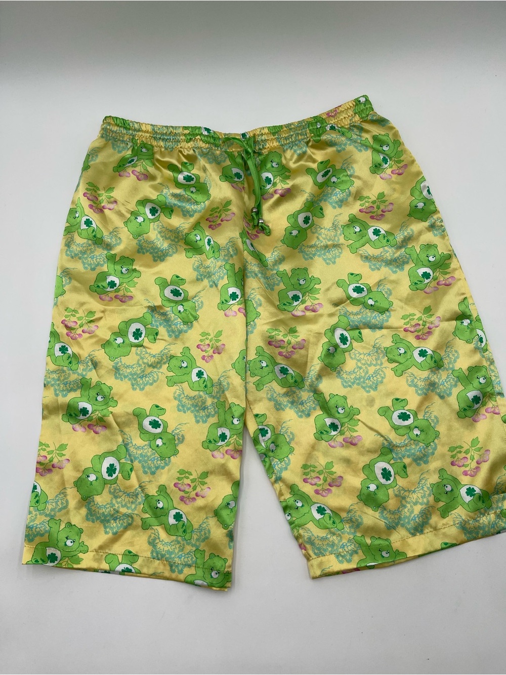 Vtg Care Bears Satin Sleep Shorts Pajamas Green Yellow 2006 Good Luck Bear